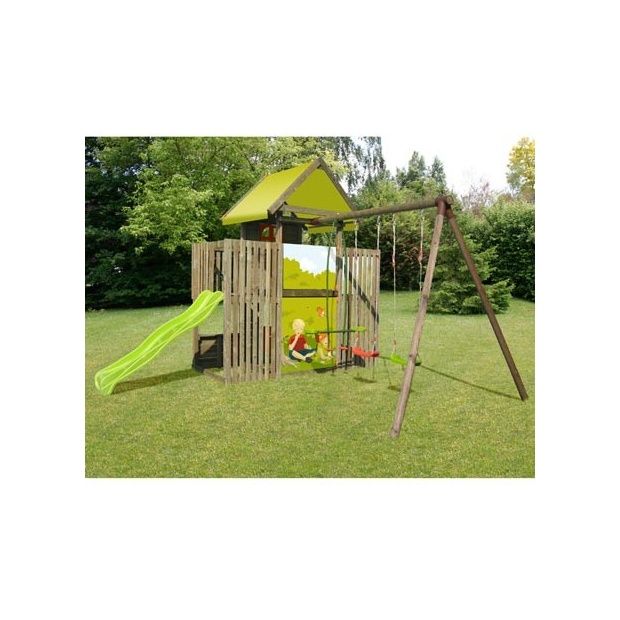 Portique balancoire toboggan cabane
