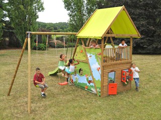 Portique balancoire toboggan cabane
