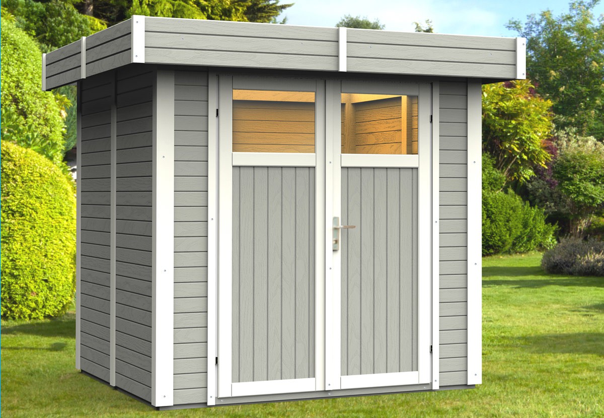 Cabane de jardin grise et blanche
